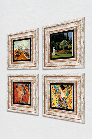 Picasso, Van Gogh, Gustav Klimt, Claude Monet Taş Duvar Tablosu Çerçeveli Duvar Dekoru 4 Parça Tablo Seti Wall Art