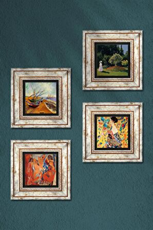Picasso, Van Gogh, Gustav Klimt, Claude Monet Taş Duvar Tablosu Çerçeveli Duvar Dekoru 4 Parça Tablo Seti Wall Art