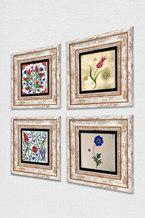 Ebru Sanatı, Lale Taş Duvar Tablosu Çerçeveli Duvar Dekoru 4 Parça Tablo Seti Wall Art