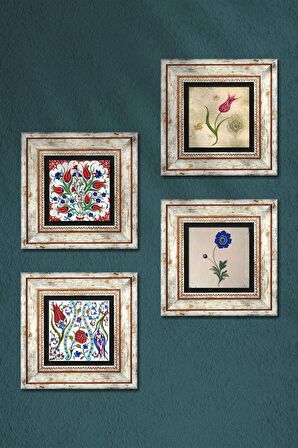 Ebru Sanatı, Lale Taş Duvar Tablosu Çerçeveli Duvar Dekoru 4 Parça Tablo Seti Wall Art