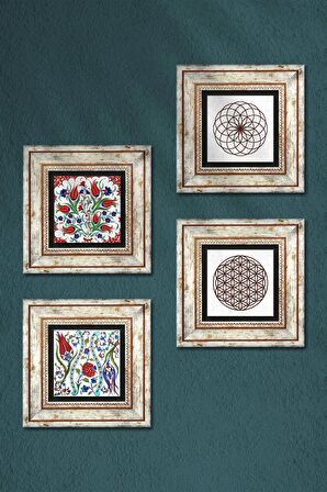 Lale, Yaşam Çiçeği Taş Duvar Tablosu Çerçeveli Duvar Dekoru 4 Parça Tablo Seti Wall Art