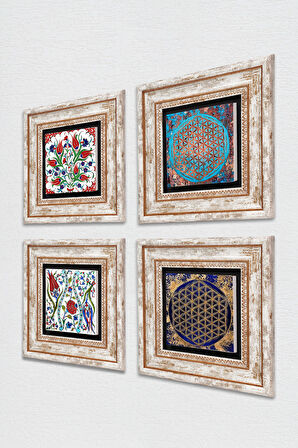 Lale, Yaşam Çiçeği Taş Duvar Tablosu Çerçeveli Duvar Dekoru 4 Parça Tablo Seti Wall Art