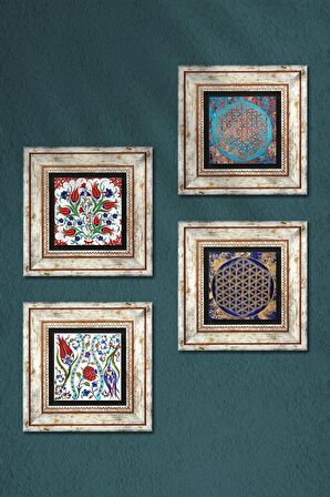 Lale, Yaşam Çiçeği Taş Duvar Tablosu Çerçeveli Duvar Dekoru 4 Parça Tablo Seti Wall Art