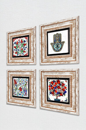 Lale, Nar Ağacı, Fatma Ana Eli (Hamsa) Taş Duvar Tablosu Çerçeveli Duvar Dekoru 4 Parça Tablo Seti Wall Art
