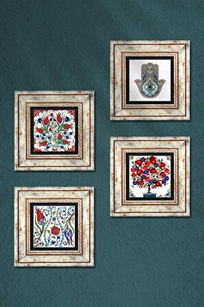Lale, Nar Ağacı, Fatma Ana Eli (Hamsa) Taş Duvar Tablosu Çerçeveli Duvar Dekoru 4 Parça Tablo Seti Wall Art