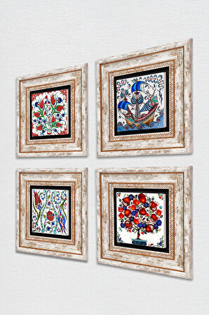 Çini Sanatı Yelkenli Gemi, Lale, Nar Ağacı Taş Duvar Tablosu Çerçeveli Duvar Dekoru 4 Parça Tablo Seti Wall Art