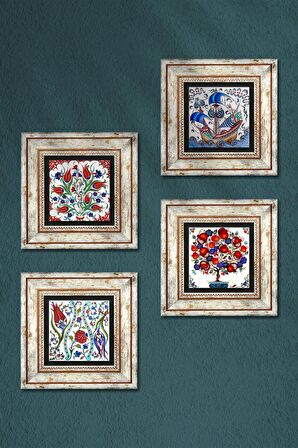 Çini Sanatı Yelkenli Gemi, Lale, Nar Ağacı Taş Duvar Tablosu Çerçeveli Duvar Dekoru 4 Parça Tablo Seti Wall Art