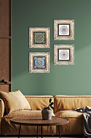 Mandala, Yaşam Çiçeği, Sri Yantra Taş Duvar Tablosu Çerçeveli Duvar Dekoru 4 Parça Tablo Seti Wall Art