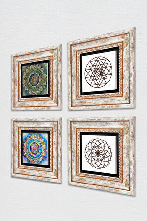 Mandala, Yaşam Çiçeği, Sri Yantra Taş Duvar Tablosu Çerçeveli Duvar Dekoru 4 Parça Tablo Seti Wall Art