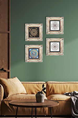 Mandala, Yaşam Çiçeği, Sri Yantra Taş Duvar Tablosu Çerçeveli Duvar Dekoru 4 Parça Tablo Seti Wall Art