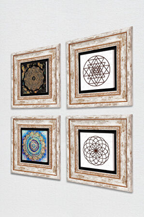 Mandala, Yaşam Çiçeği, Sri Yantra Taş Duvar Tablosu Çerçeveli Duvar Dekoru 4 Parça Tablo Seti Wall Art