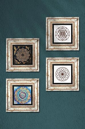 Mandala, Yaşam Çiçeği, Sri Yantra Taş Duvar Tablosu Çerçeveli Duvar Dekoru 4 Parça Tablo Seti Wall Art
