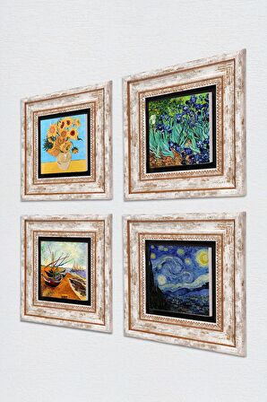 Van Gogh Taş Duvar Tablosu Çerçeveli Duvar Dekoru 4 Parça Tablo Seti Wall Art