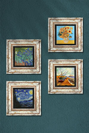 Van Gogh Taş Duvar Tablosu Çerçeveli Duvar Dekoru 4 Parça Tablo Seti Wall Art