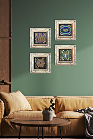 Hayat Ağacı, Nazar, Sri Yantra, Yaşam Çiçeği Taş Duvar Tablosu Çerçeveli Duvar Dekoru 4 Parça Tablo Seti Wall Art