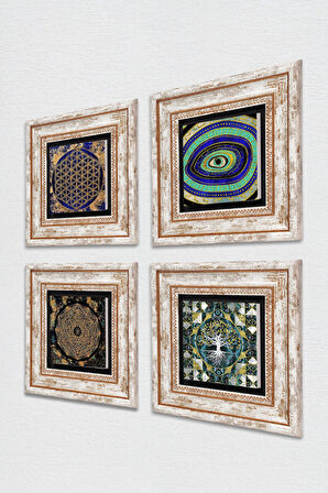 Hayat Ağacı, Nazar, Sri Yantra, Yaşam Çiçeği Taş Duvar Tablosu Çerçeveli Duvar Dekoru 4 Parça Tablo Seti Wall Art