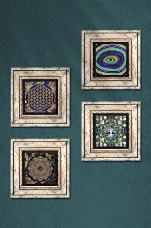 Hayat Ağacı, Nazar, Sri Yantra, Yaşam Çiçeği Taş Duvar Tablosu Çerçeveli Duvar Dekoru 4 Parça Tablo Seti Wall Art