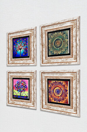 Mandala, Hayat Ağacı Taş Duvar Tablosu Çerçeveli Duvar Dekoru 4 Parça Tablo Seti Wall Art