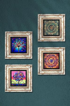 Mandala, Hayat Ağacı Taş Duvar Tablosu Çerçeveli Duvar Dekoru 4 Parça Tablo Seti Wall Art