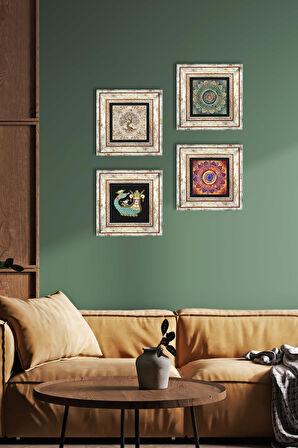 Mandala, Şahmeran, Hayat Ağacı Taş Duvar Tablosu Çerçeveli Duvar Dekoru 4 Parça Tablo Seti Wall Art