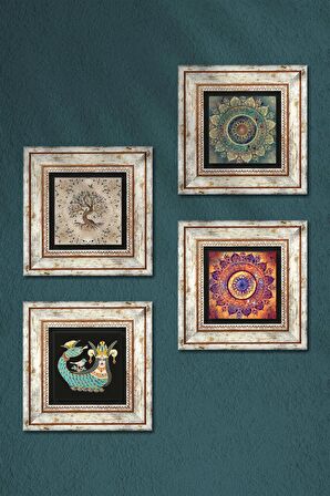 Mandala, Şahmeran, Hayat Ağacı Taş Duvar Tablosu Çerçeveli Duvar Dekoru 4 Parça Tablo Seti Wall Art