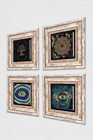 Nazar, Sri Yantra, Hayat Ağacı Taş Duvar Tablosu Çerçeveli Duvar Dekoru 4 Parça Tablo Seti Wall Art