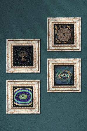 Nazar, Sri Yantra, Hayat Ağacı Taş Duvar Tablosu Çerçeveli Duvar Dekoru 4 Parça Tablo Seti Wall Art