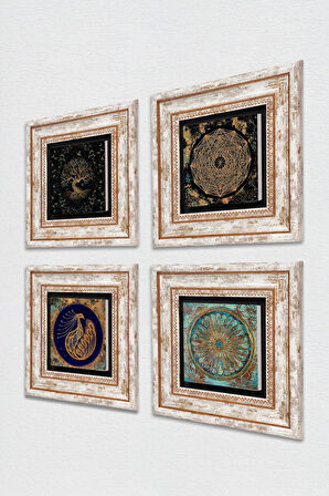 Sri Yantra, Tavus Kuşu, Yaşam Çiçeği, Hayat Ağacı Taş Duvar Tablosu Çerçeveli Duvar Dekoru 4 Parça Tablo Seti Wall Art