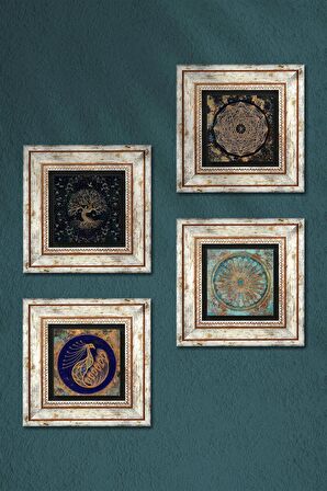 Sri Yantra, Tavus Kuşu, Yaşam Çiçeği, Hayat Ağacı Taş Duvar Tablosu Çerçeveli Duvar Dekoru 4 Parça Tablo Seti Wall Art