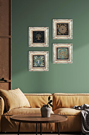 Sri Yantra, Yaşam Çiçeği, Hayat Ağacı Taş Duvar Tablosu Çerçeveli Duvar Dekoru 4 Parça Tablo Seti Wall Art