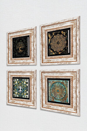 Sri Yantra, Yaşam Çiçeği, Hayat Ağacı Taş Duvar Tablosu Çerçeveli Duvar Dekoru 4 Parça Tablo Seti Wall Art