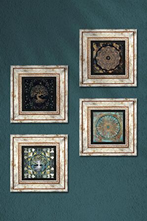 Sri Yantra, Yaşam Çiçeği, Hayat Ağacı Taş Duvar Tablosu Çerçeveli Duvar Dekoru 4 Parça Tablo Seti Wall Art