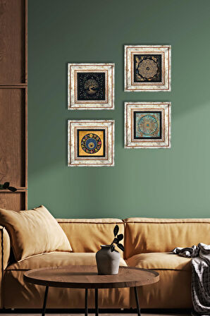 Sri Yantra, Yaşam Çiçeği, Hayat Ağacı, Nazar Taş Duvar Tablosu Çerçeveli Duvar Dekoru 4 Parça Tablo Seti Wall Art