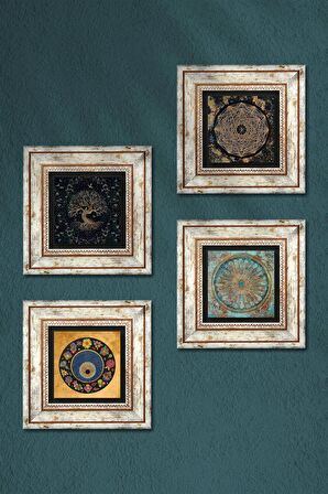 Sri Yantra, Yaşam Çiçeği, Hayat Ağacı, Nazar Taş Duvar Tablosu Çerçeveli Duvar Dekoru 4 Parça Tablo Seti Wall Art