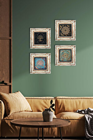 Sri Yantra, Yaşam Çiçeği, Hayat Ağacı Taş Duvar Tablosu Çerçeveli Duvar Dekoru 4 Parça Tablo Seti Wall Art