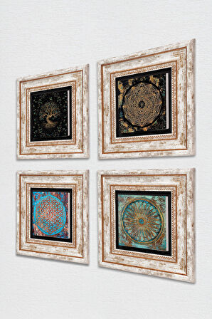 Sri Yantra, Yaşam Çiçeği, Hayat Ağacı Taş Duvar Tablosu Çerçeveli Duvar Dekoru 4 Parça Tablo Seti Wall Art