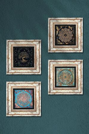 Sri Yantra, Yaşam Çiçeği, Hayat Ağacı Taş Duvar Tablosu Çerçeveli Duvar Dekoru 4 Parça Tablo Seti Wall Art