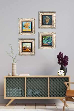 Van Gogh Taş Duvar Tablosu Çerçeveli Duvar Dekoru 4 Parça Tablo Seti Wall Art