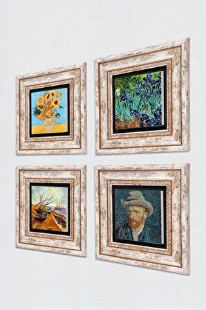 Van Gogh Taş Duvar Tablosu Çerçeveli Duvar Dekoru 4 Parça Tablo Seti Wall Art