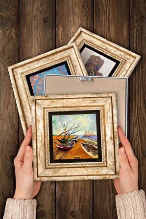 Van Gogh Taş Duvar Tablosu Çerçeveli Duvar Dekoru 4 Parça Tablo Seti Wall Art