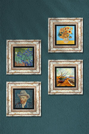 Van Gogh Taş Duvar Tablosu Çerçeveli Duvar Dekoru 4 Parça Tablo Seti Wall Art