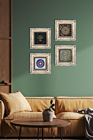 Nazar, Sri Yantra, Yaşam Çiçeği, Hayat Ağacı Taş Duvar Tablosu Çerçeveli Duvar Dekoru 4 Parça Tablo Seti Wall Art