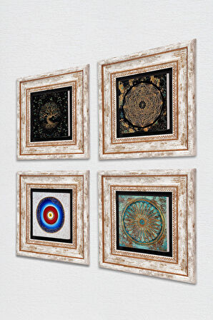 Nazar, Sri Yantra, Yaşam Çiçeği, Hayat Ağacı Taş Duvar Tablosu Çerçeveli Duvar Dekoru 4 Parça Tablo Seti Wall Art