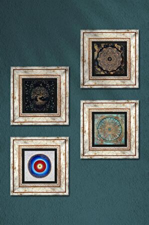 Nazar, Sri Yantra, Yaşam Çiçeği, Hayat Ağacı Taş Duvar Tablosu Çerçeveli Duvar Dekoru 4 Parça Tablo Seti Wall Art
