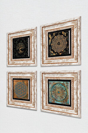 Sri Yantra, Yaşam Çiçeği, Hayat Ağacı Taş Duvar Tablosu Çerçeveli Duvar Dekoru 4 Parça Tablo Seti Wall Art