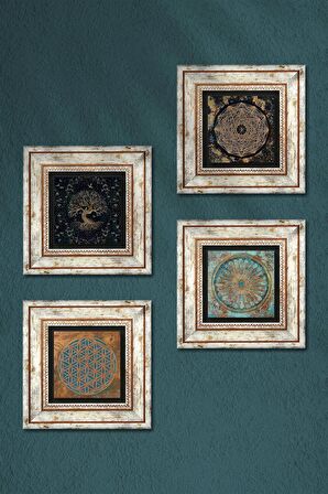 Sri Yantra, Yaşam Çiçeği, Hayat Ağacı Taş Duvar Tablosu Çerçeveli Duvar Dekoru 4 Parça Tablo Seti Wall Art