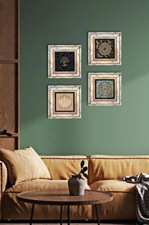 Sri Yantra, Yaşam Çiçeği, Lotus Çiçeği, Hayat Ağacı Taş Duvar Tablosu Çerçeveli Duvar Dekoru 4 Parça Tablo Seti Wall Art