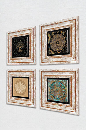 Sri Yantra, Yaşam Çiçeği, Lotus Çiçeği, Hayat Ağacı Taş Duvar Tablosu Çerçeveli Duvar Dekoru 4 Parça Tablo Seti Wall Art