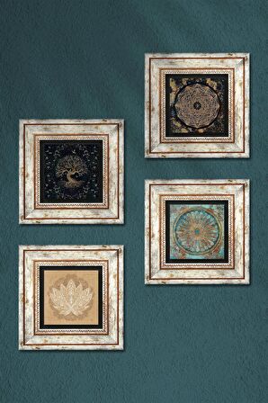 Sri Yantra, Yaşam Çiçeği, Lotus Çiçeği, Hayat Ağacı Taş Duvar Tablosu Çerçeveli Duvar Dekoru 4 Parça Tablo Seti Wall Art