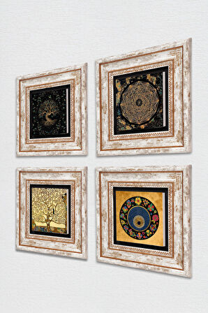 Sri Yantra, Hayat Ağacı, Nazar, Gustav Klimt Hayat Ağacı Taş Duvar Tablosu Çerçeveli Duvar Dekoru 4 Parça Tablo Seti Wall Art